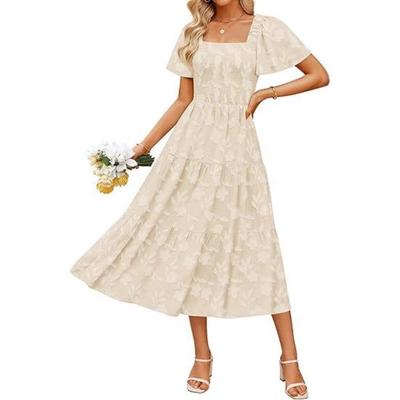 Women's Square Neckline Bohemian Flower Mid-length Short-sleeved Dress