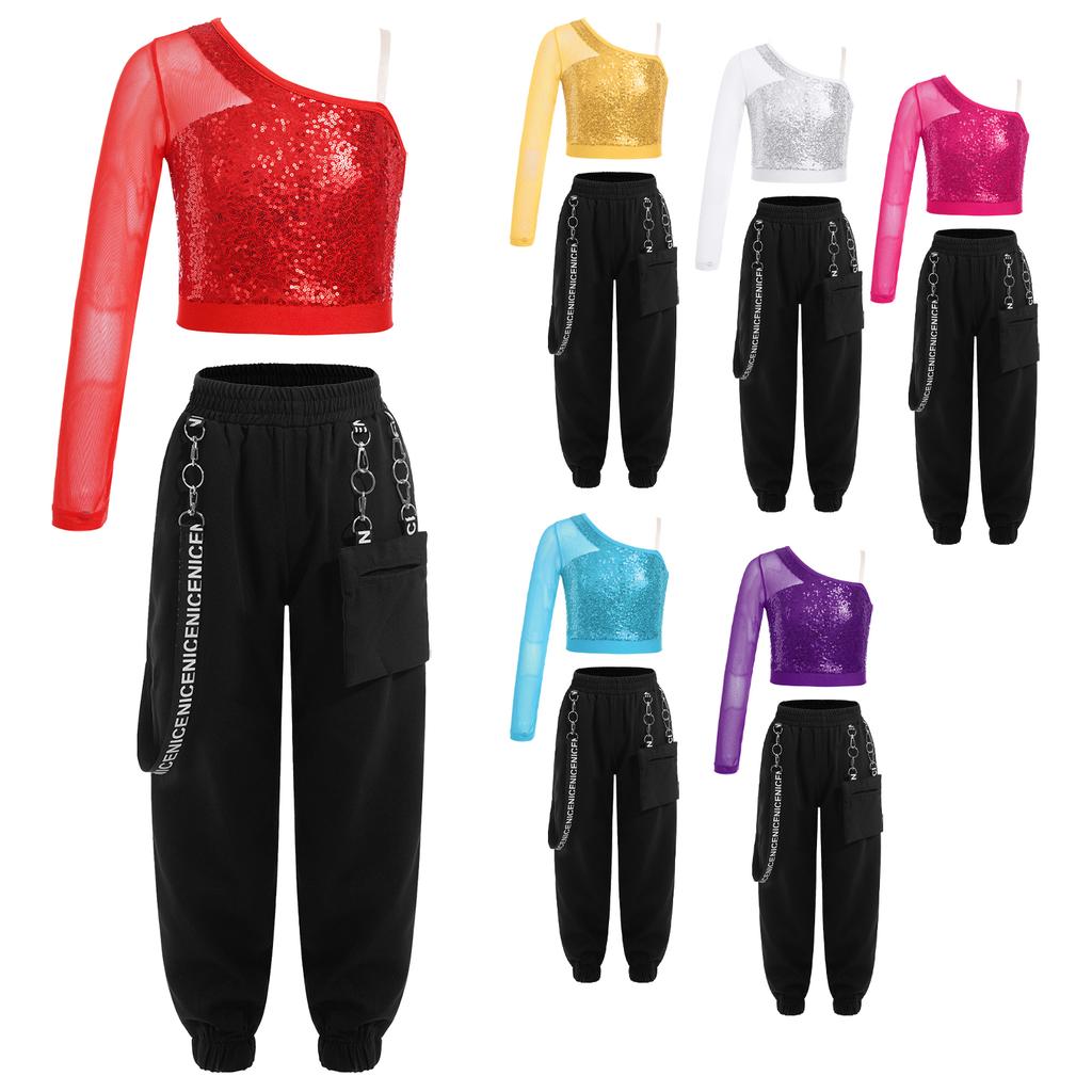 Girls One Shoulder Crop Top Sparkly Sequins Sheer Mesh Long Sleeve Design Metal Chain Pocket Pants Dance Set
