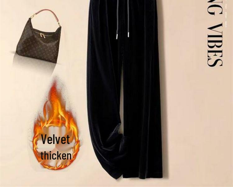 Fleece-Lined Gold Velvet High-Waisted Straight-Leg Pants (2025 Winter Edition)