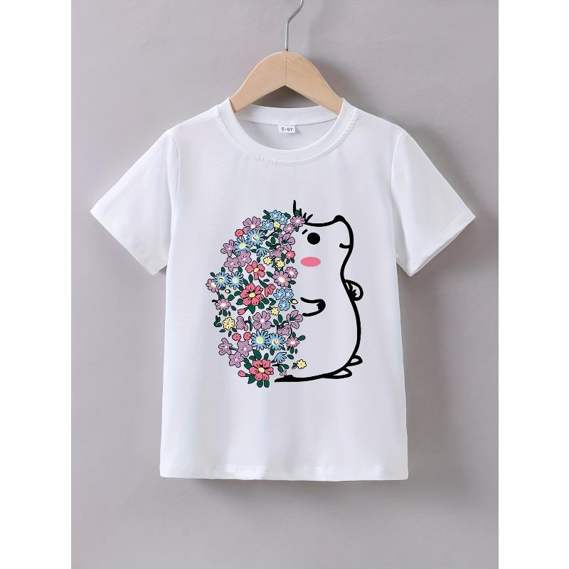 Girls' Summer Short-Sleeve Cartoon 'Flower Hedgehog' Print T-Shirt
