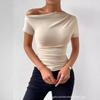 Off Shoulder Ruched Fitted Solid Color Short Sleeve Women T Shirt