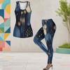 Women Plus Size Two Piece Set Scoop Neck Sleeveless Dark Blue Beige Printed Tank Top Fitted Pants