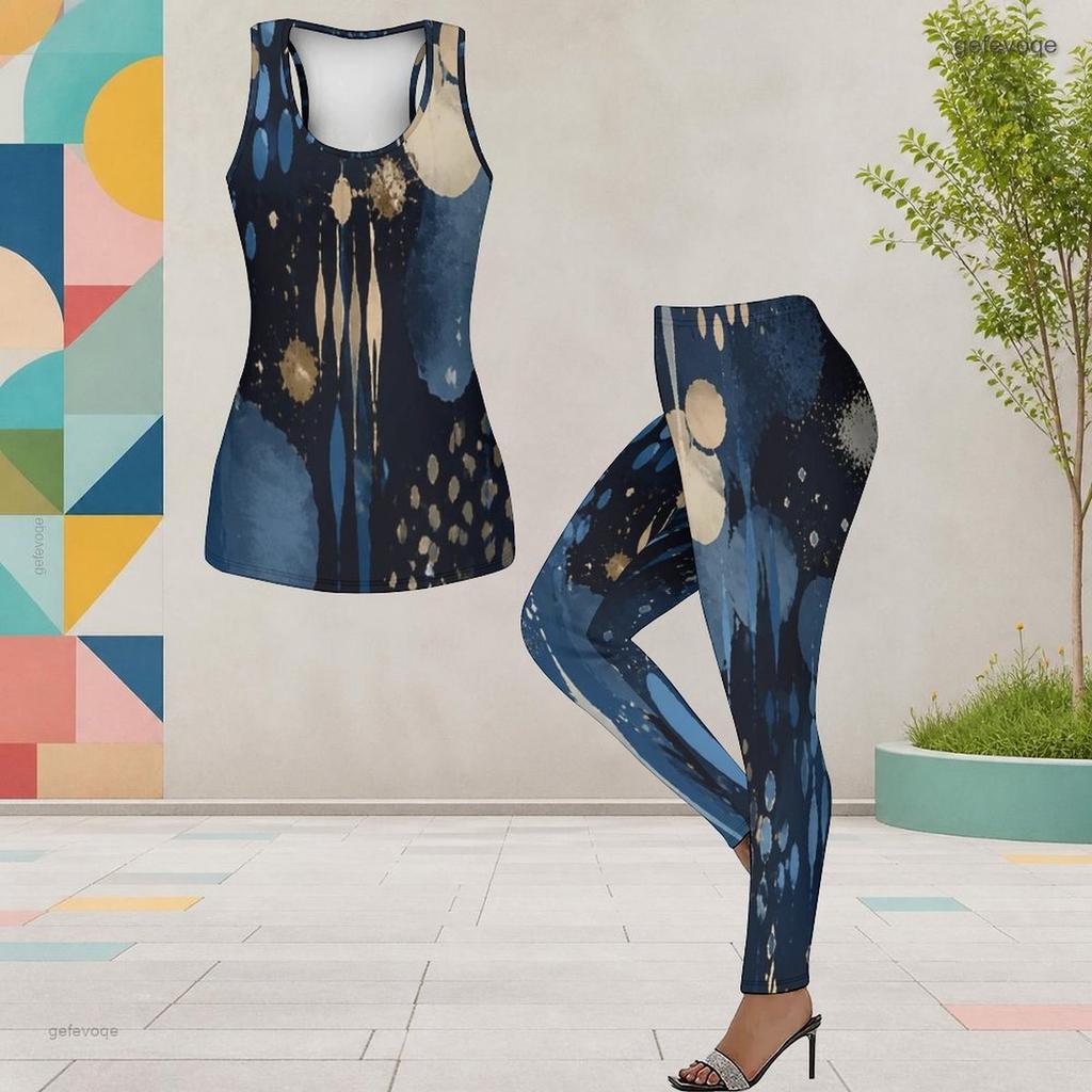 Women Plus Size Two Piece Set Scoop Neck Sleeveless Dark Blue Beige Printed Tank Top Fitted Pants