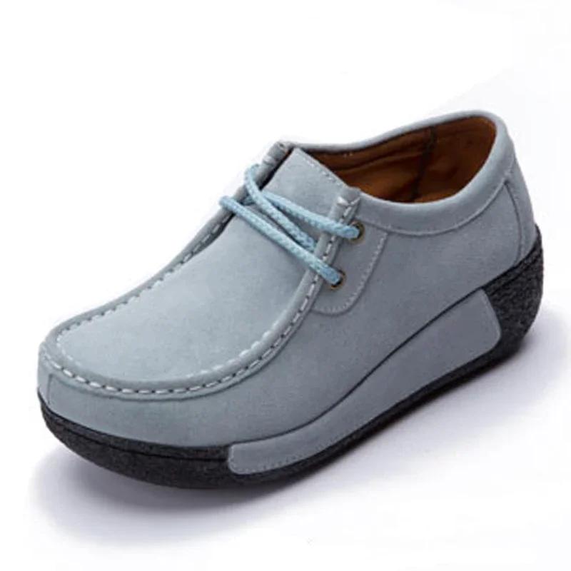 Autumn Thick Bottom Moccasins Loafers Ladies Non-Slip Lace Up Walking Shoes High Quality Cow Suede Spring Casual Shoes Women
