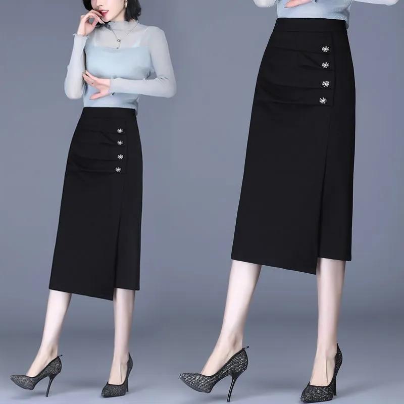 

Spring Elegant High Waist Bodycon Ladies Irregular Slit Decorative Button Office Midi Skirt M чорний