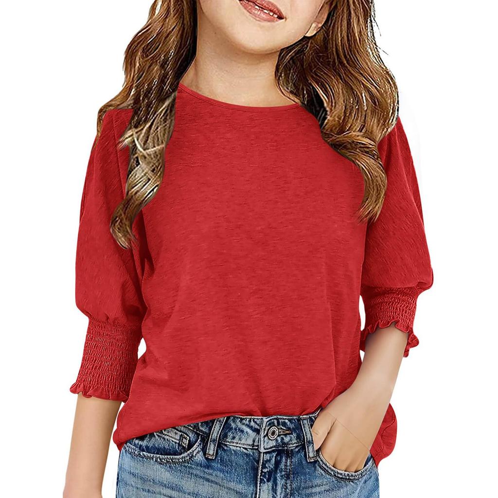 Girls' 3/4 Sleeve Blouse - Round Neck Ruffle Shirt