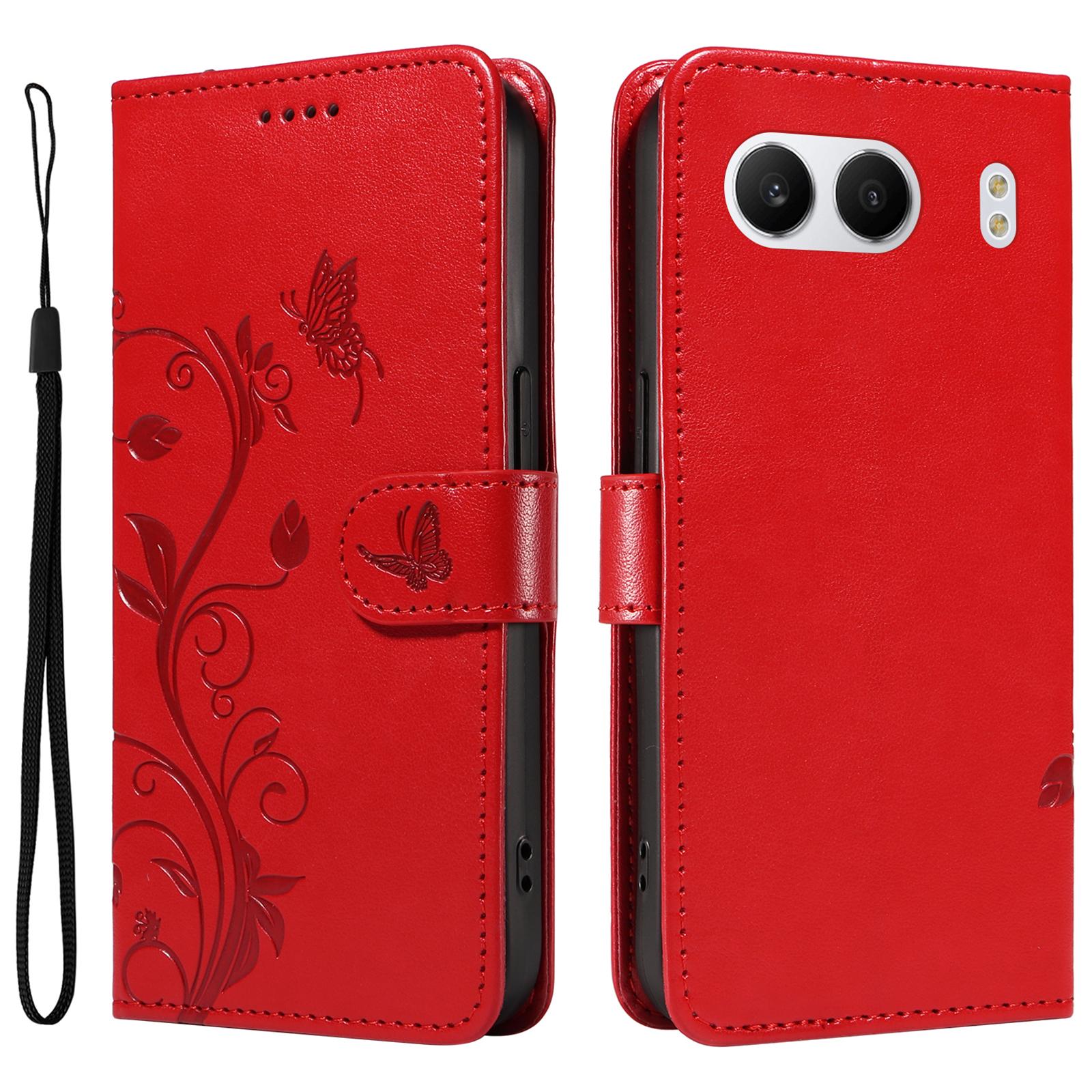 

For OnePlus Nord 4 PU Leather Cases Flower Pattern Wallet Stand Phone Cover with Strap Red