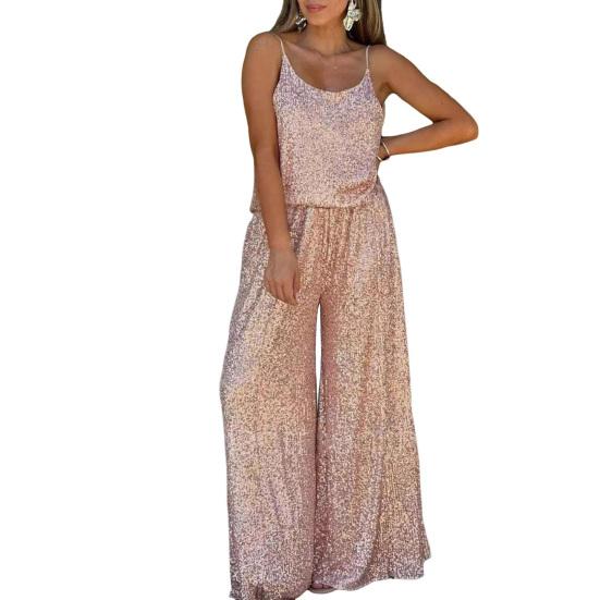 Women Sequin Two Piece Outfit Sleeveless Cami Scoop Neck Top Wide-leg Pants