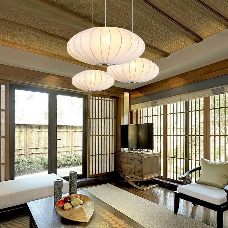 Oeny Japanese Style Fabric Disc LED Hanging Lantern