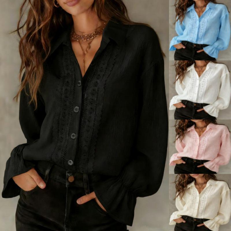 Women S Solid Color Lapel Single Breasted Lace Long Sleeve Shirt