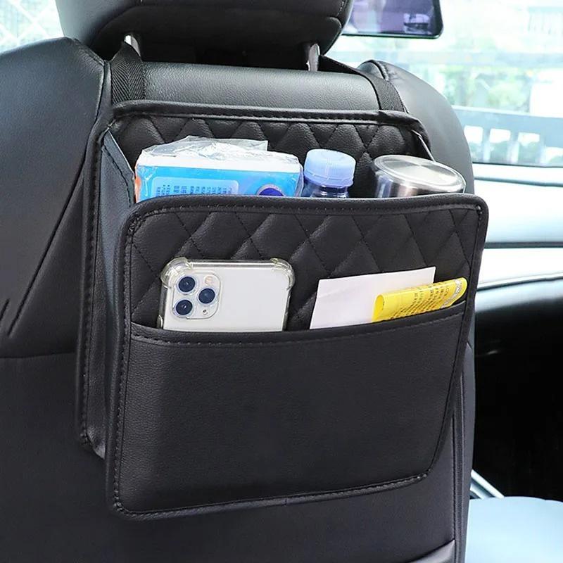 Faux Leather Car Back Seat Organizer Protector with Hanging Storage Bag - Vehicle Interior Organizing Solution