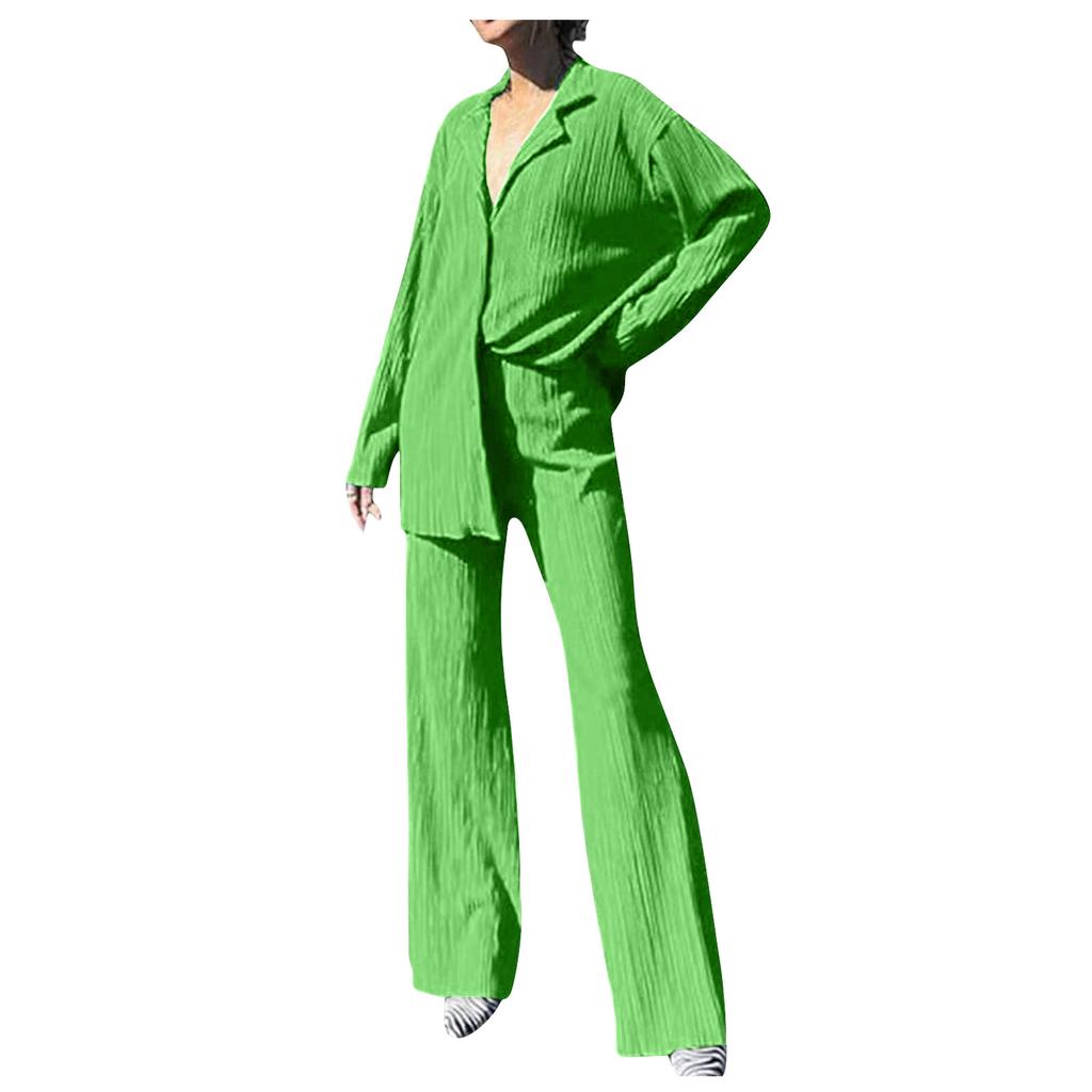 Women's 2 Piece Casual Outfits Long Sleeve Button Down Shirt High Waist Long Pants Loungewear Streetwear