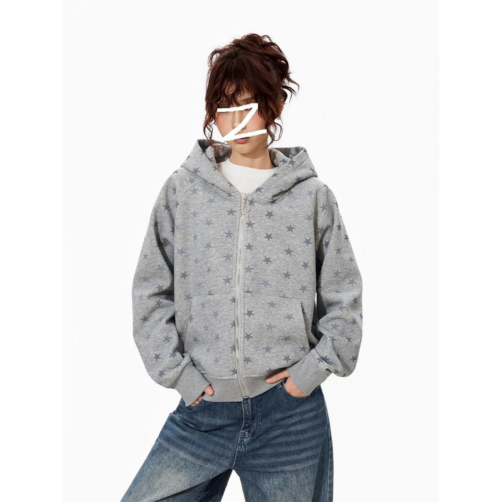 Grey Star-printed Hooded Cardigan Sweater Men's and Women's Autumn Loose and Versatile Design Zipper Casual Jacket