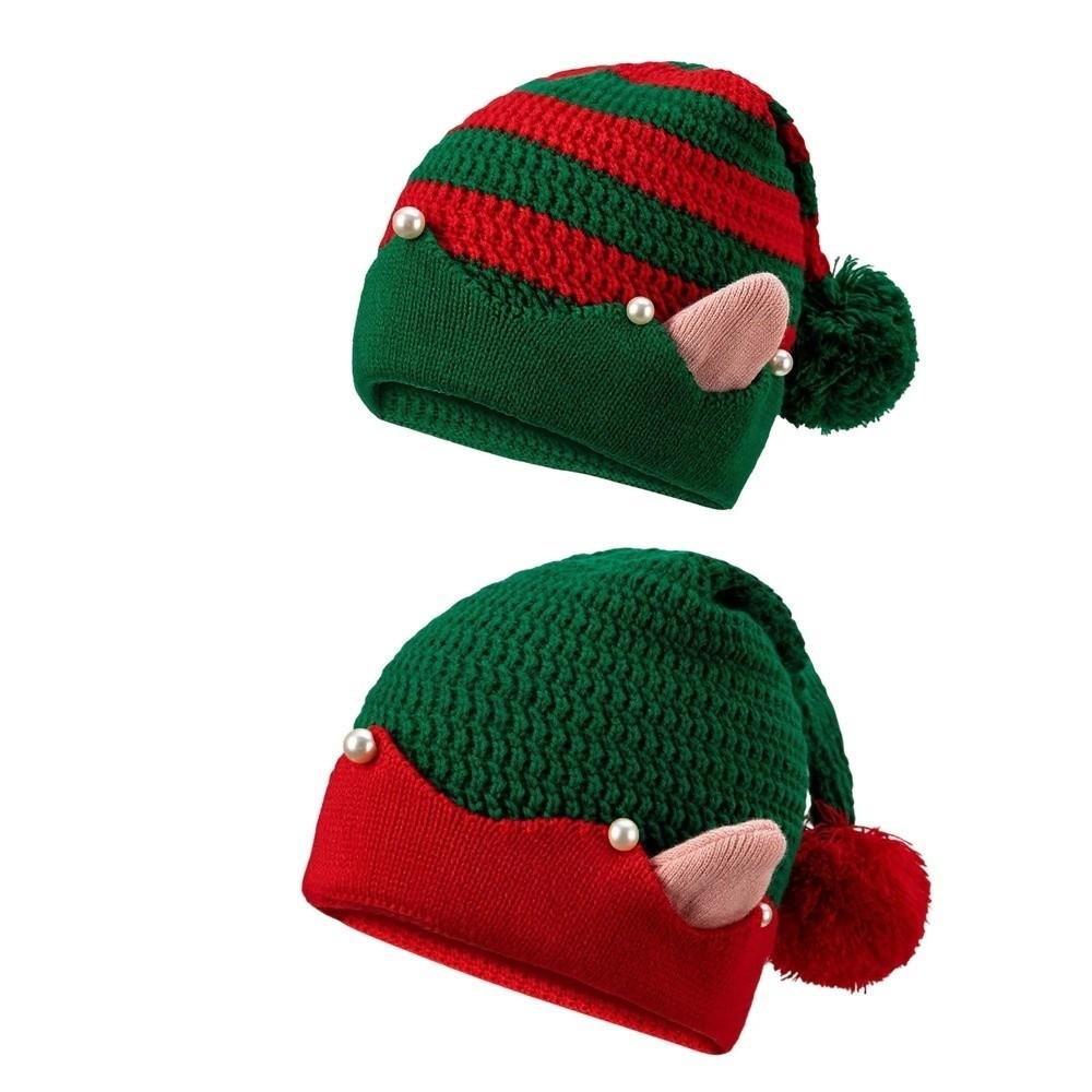 Striped Pattern Christmas Hat Knitted Wool Ball Xmas Cap Jacquard with Small Ears Knitted Hat Festival Girls