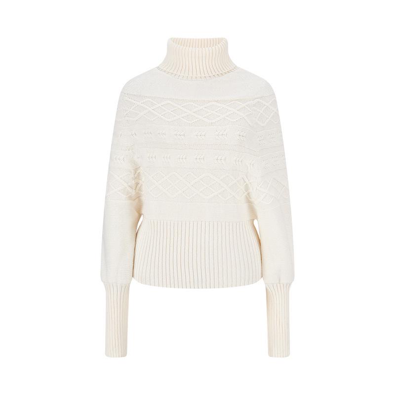 2025 Retro Grey Knit Turtleneck Batwing Sleeve Sweater for Women
