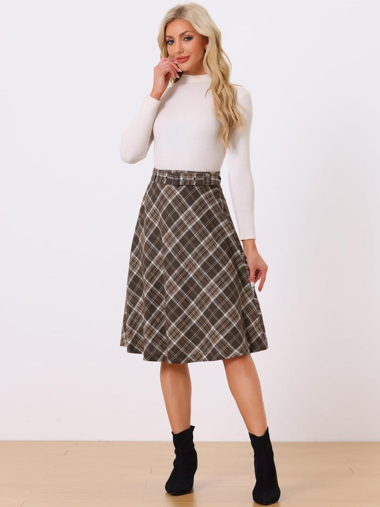 Allegra K Women's Checkered Skirt, Knee-Length, A-Line, Midi Length, High-Waisted, Flattering, Perfect for Christmas, Fall, and Winter, Brown, Size XL