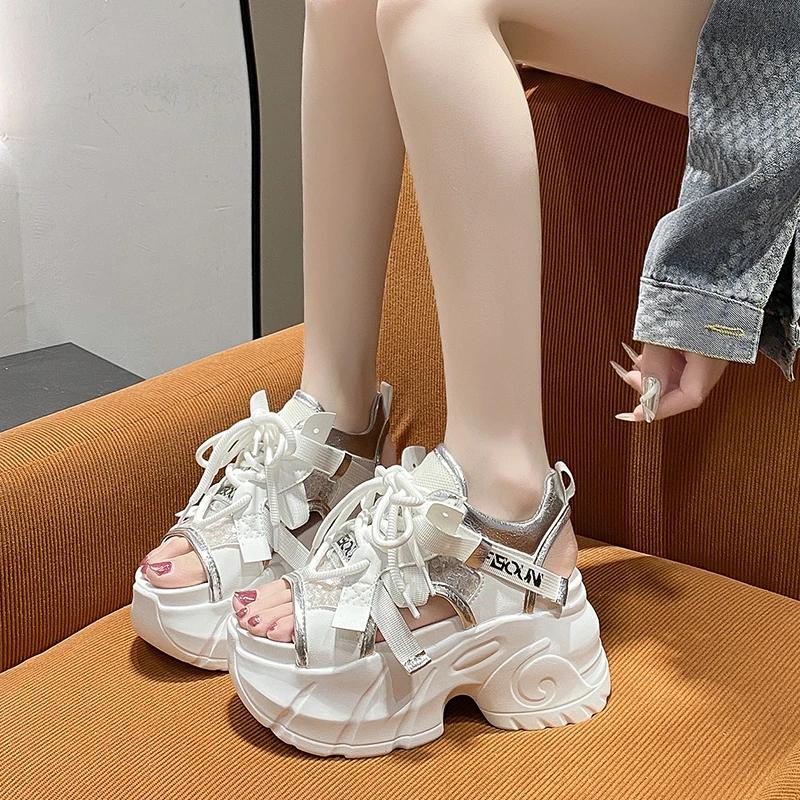 8,5 cm Damen Sandalen Plateau Dicke Sohle Klobige Schuhe Plateau Ins Casual Sommerschuhe Sandalen Beige Schwarz Bequem