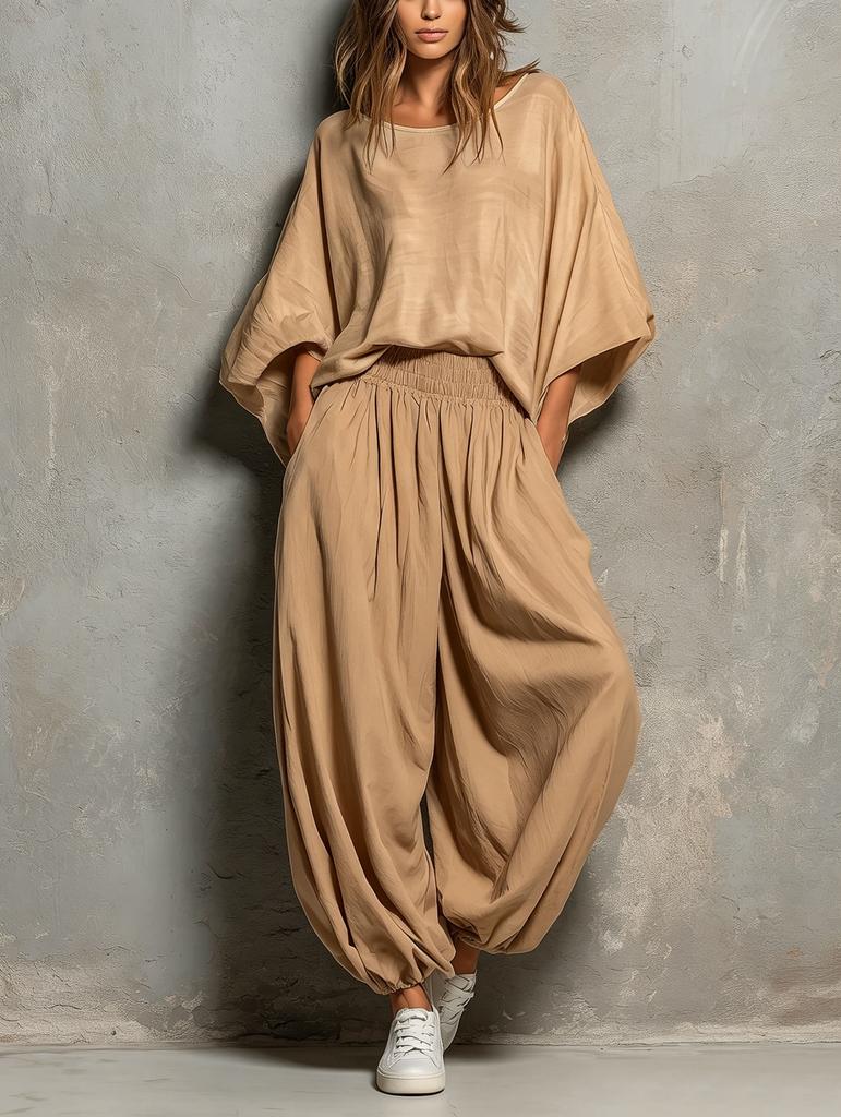 European and American women's clothing 2026 autumn and winter new fashion casual round neck loose top wide leg pants two-piece set