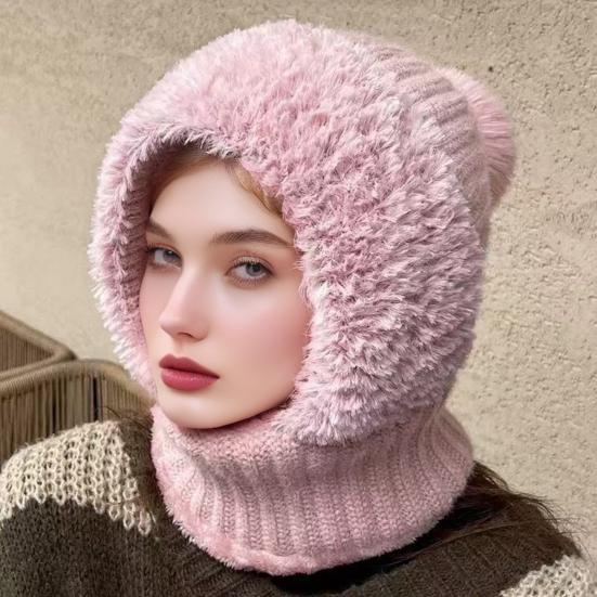 Hut mit flexiblem, verstellbarem Gesichtsschutz, einfarbig, mit Plüschball-Dekor, verdicktes Fleece
