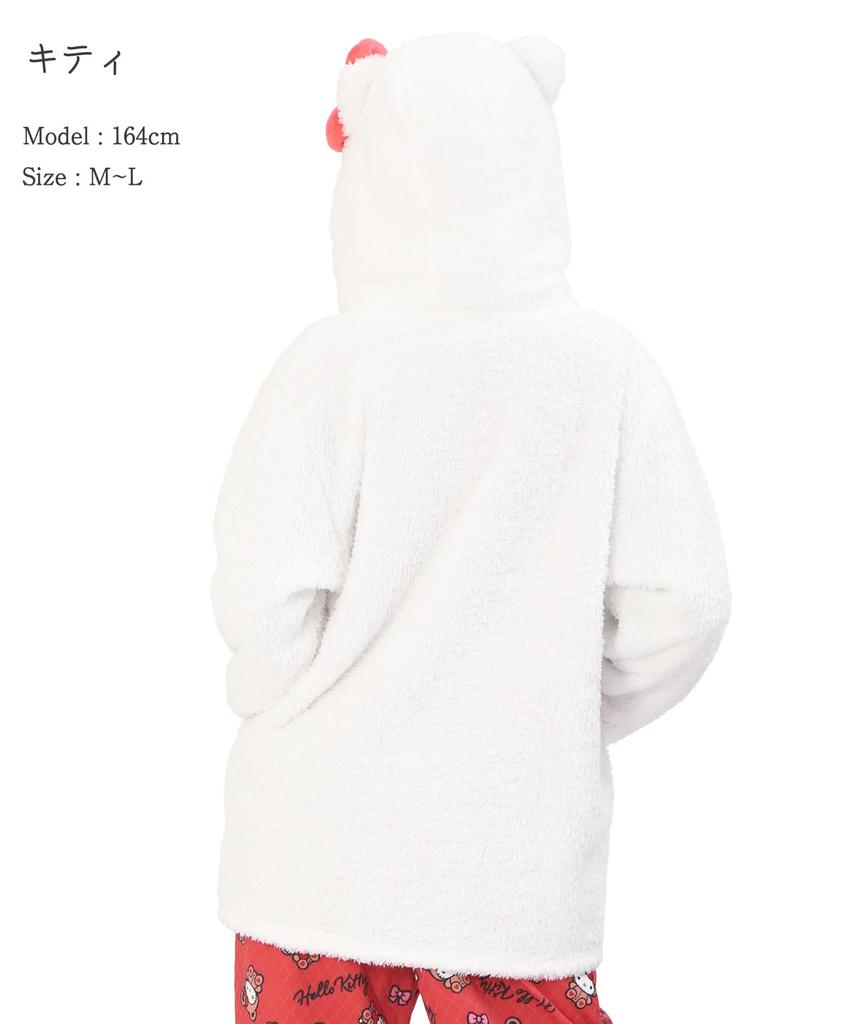 SAZAC Hello Kitty Pajamas for Hello Kitty with Daniel Long Open Poodle Boa Loungewear for Fall and Winter Women, Costume, Sleeve, Front, Fabric,