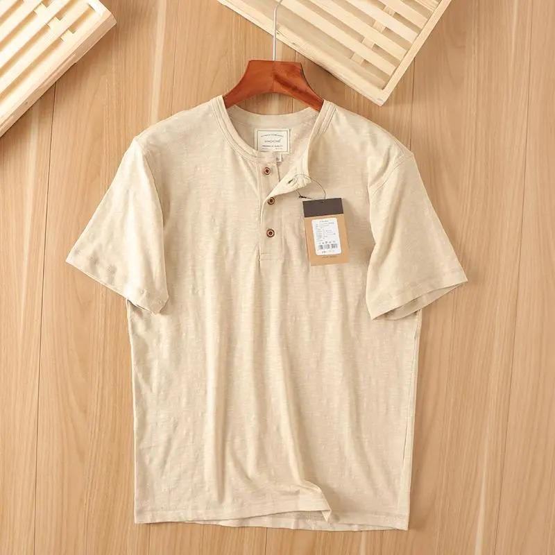 Men Khaki Henley Neck Linen Cotton Short Sleeve T Shirt M