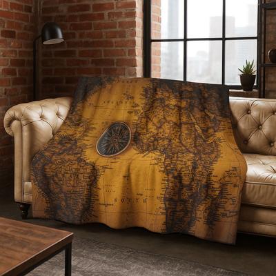 Retro Nautische Karte Kompass Schatzkarte Flanell Decke, Gemütliche Weiche Überwurfdecke für Zuhause Schlafzimmer Bett Sofa Abdeckung Geschenk Kinder