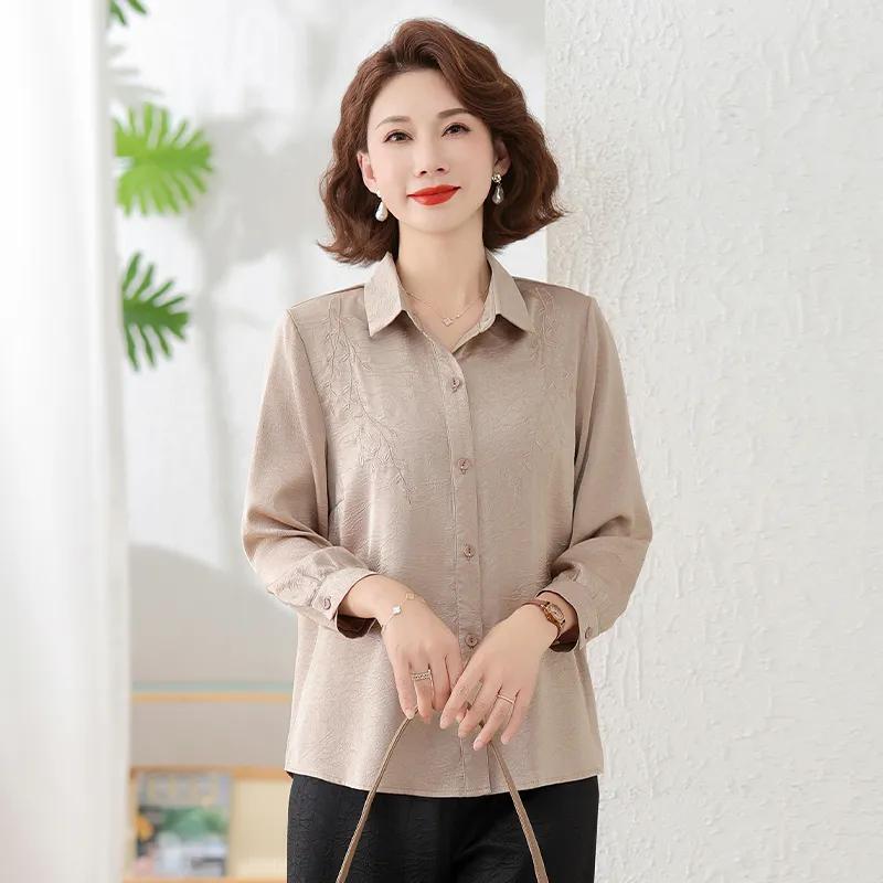 Women's 3/4 Sleeve Embroidered Button Down Shirt For Middle Aged