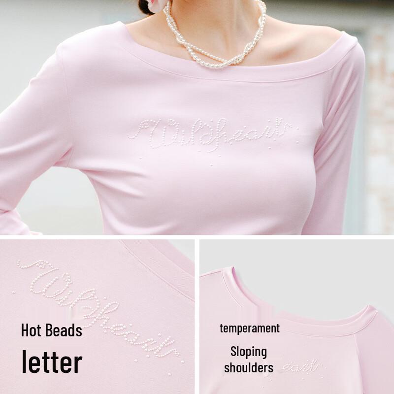 Semir Women's Slim Fit Off-Shoulder Letter Crop Long Sleeve T-Shirt