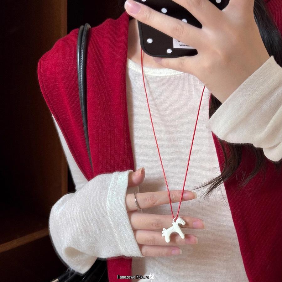 2025 Retro Red Drip Glaze Pony Pendant Necklace: Elegant Women's Long Sweater Chain Accessory