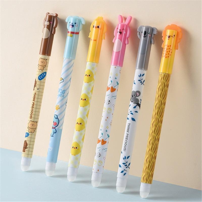 6x 0.5mm Gel Pen Quick-Drying Neutral Pen Cartoon Erasable Pen Gel Ink Pen Smooth Writing Pen for School Office