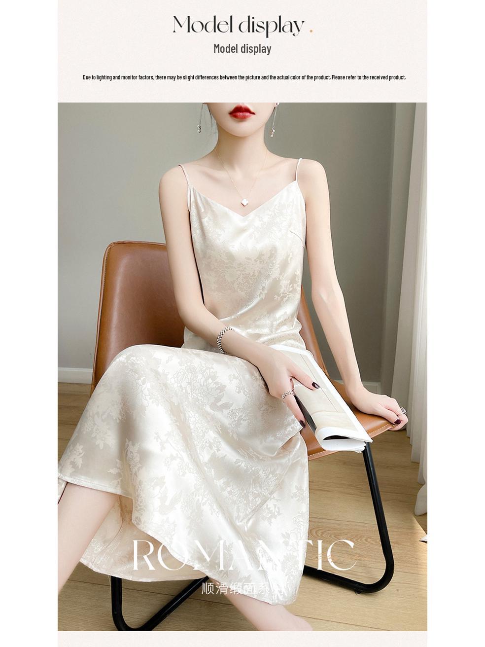 Женское летнее атласное платье-комбинация с V-образным вырезом - Французский жаккард из искусственного шелка макси L шампанского