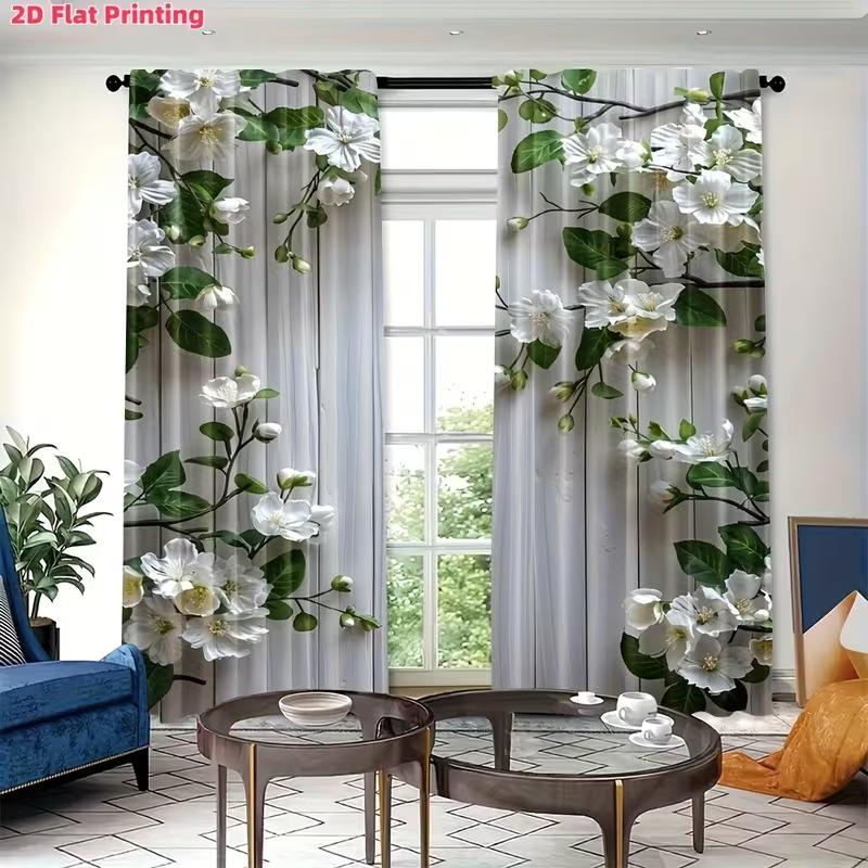 2PC White Floral Grey Wood Sheer Curtains - Fresh Rustic Botanical Print Window Drapes for Living Room Bedroom Decor