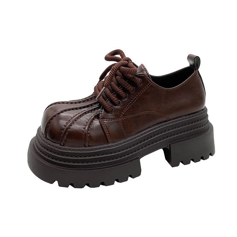 

Туфли-ракушки на маффиновой подошве, маленькие кожаные туфли, женские весенние новые туфли на платформе, увеличивающие рост, повседневные лоферы на шнуровке 40 темно-коричневого