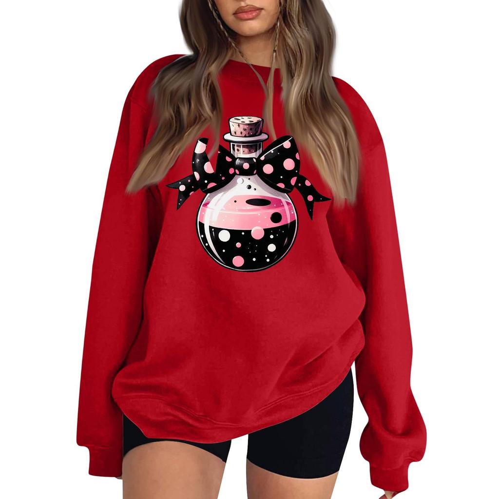 Women's Long Sleeve Neck Sweatshirt Loose Fit Casual Pullover Top with Small Halloween Print