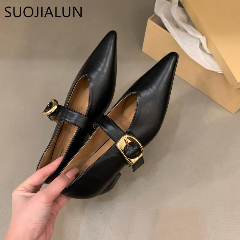 Fashion SUOJIALUN Women Flat Shoes Fashion Pointed Toe Shallow Slip On Ladies Dress Ballet Shoes Flat Heel Ladies Casual Mary Jane Shoes