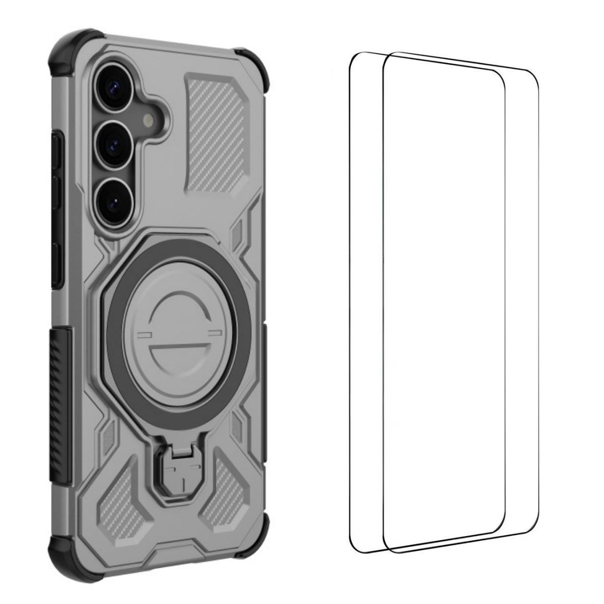 

For Samsung Galaxy S25 Case Kickstand with 2Pcs Screen Film WANLONFENG KJ Series PC TPU Phone Cover (Big Lens Hole) Grey