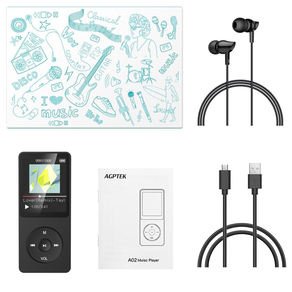 AGPTEK MP3 Player (2024 Upgrade) with 16GB Storage, Up To 40 Hours of Playback, Lossless Sound, and Earphones Included, Black
