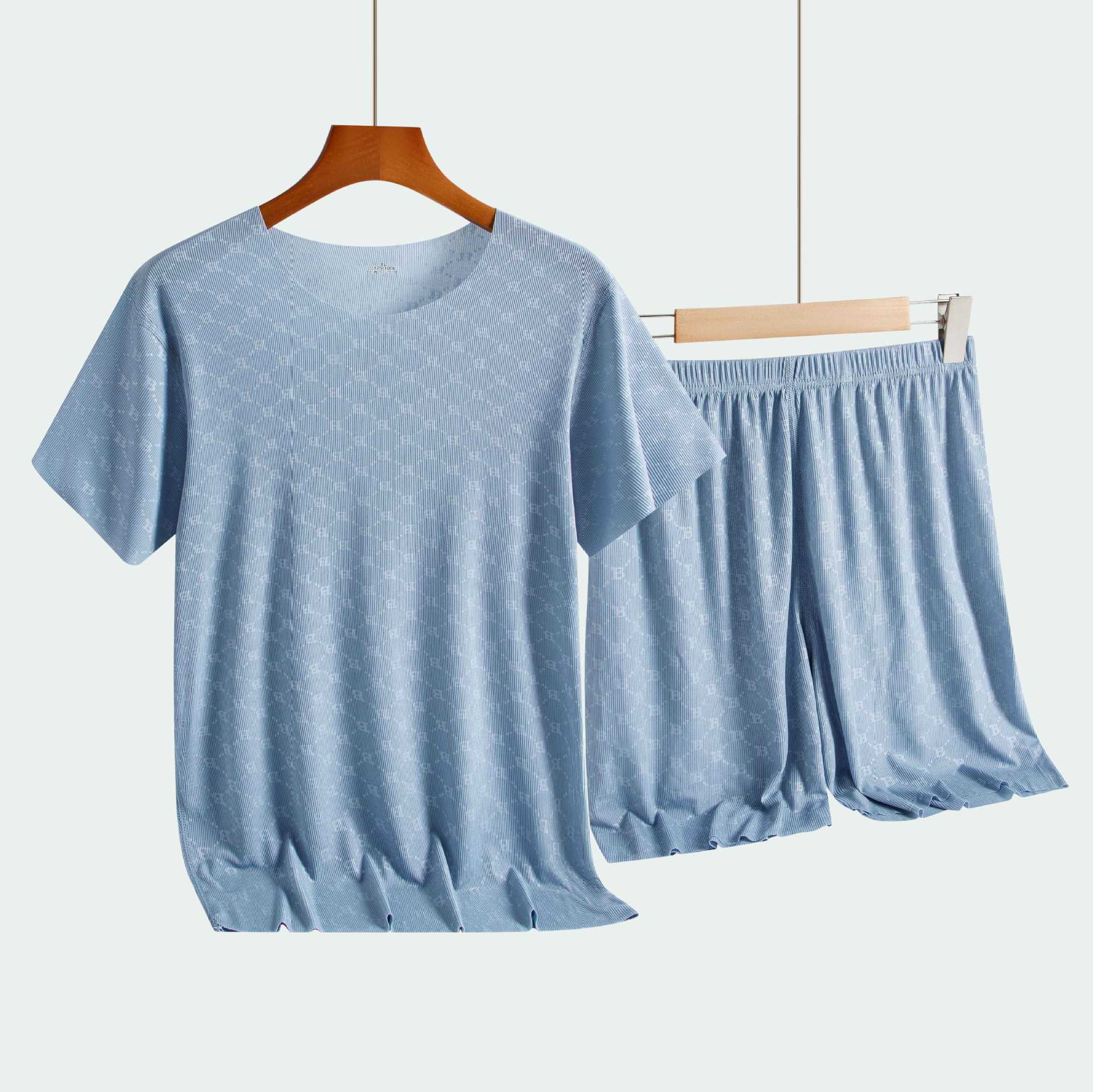 Summer Men s Pajamas Homewear Set Printed Ice Silk T Shirt Short Sleeved Modal Casual Pajamas Men s Pajama Trousers Thin Suit XXXL синий