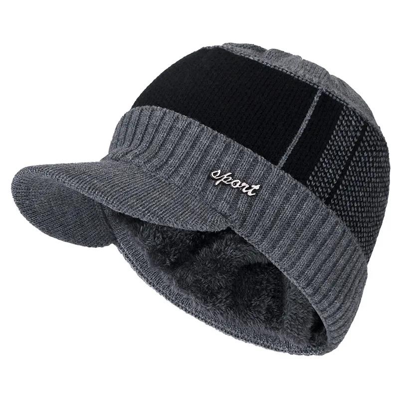 Unisex Warm Winter Hat With Brim Plush Fur Lined Knit Cap Sports Label Thicken Winter Hats For Men