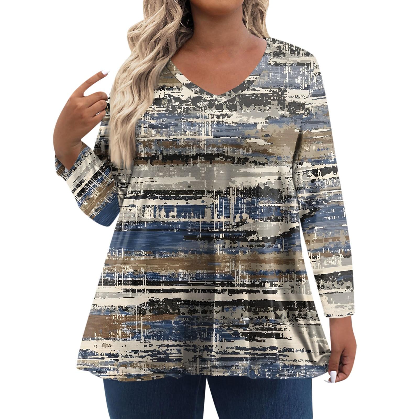 

Женская футболка с геометрическим узором и V-образным вырезом, свободная, с длинным рукавом, большой размер XXXL тёмно-синий