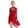 Girls Figure Skating Dance Dress: Sheer Mesh Patchwork Long Sleeves Mock Neck Keyhole Back Rhinestones Irregular Hem with Built-in Briefs