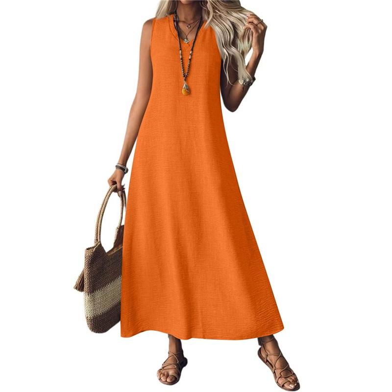 Abito Lungo da Donna Senza Maniche in Lino Scollo a V Ampio Casual Lungo