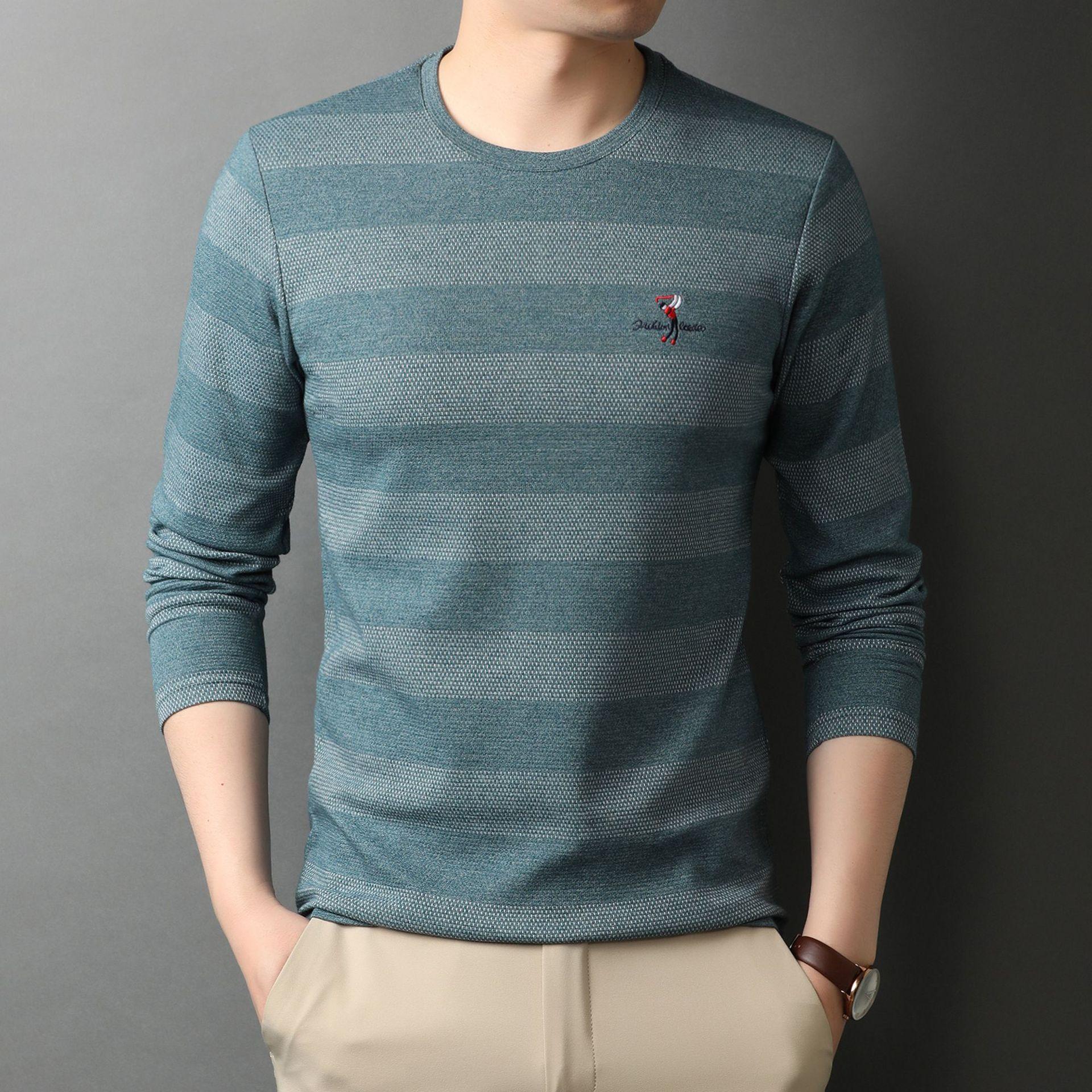 

Весенняя новая вышитая мужская футболка с длинными рукавами и круглым вырезом в полоску в корейском стиле, модная мужская нижняя рубашка, трендовые топы 4XL