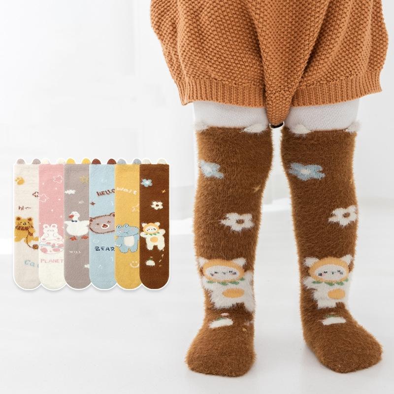 Autumn Winter Sweet Stockings Bowknot Imitation Mink Socks Winter Plush Warm Home Sleeping Socks Cartoon Cute Furry Tube Socks