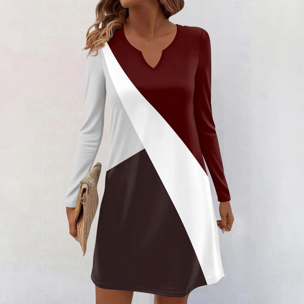 Women's Long-sleeved Casual Midi Dresses V-Neck Print  Casual Dress