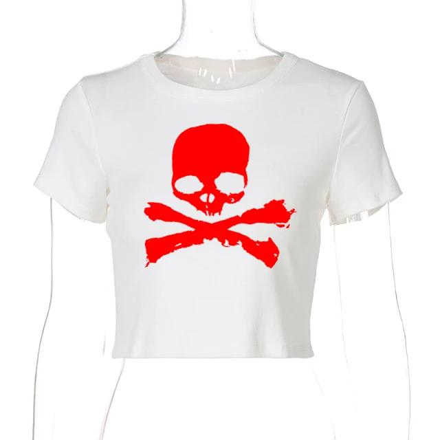 Vintage Grunge Graphic Print Short Sleeve T-Shirt Y2k Slim Crop Top Gothic Skull Punk Streetwear Women's Tee Summer Casual 90s