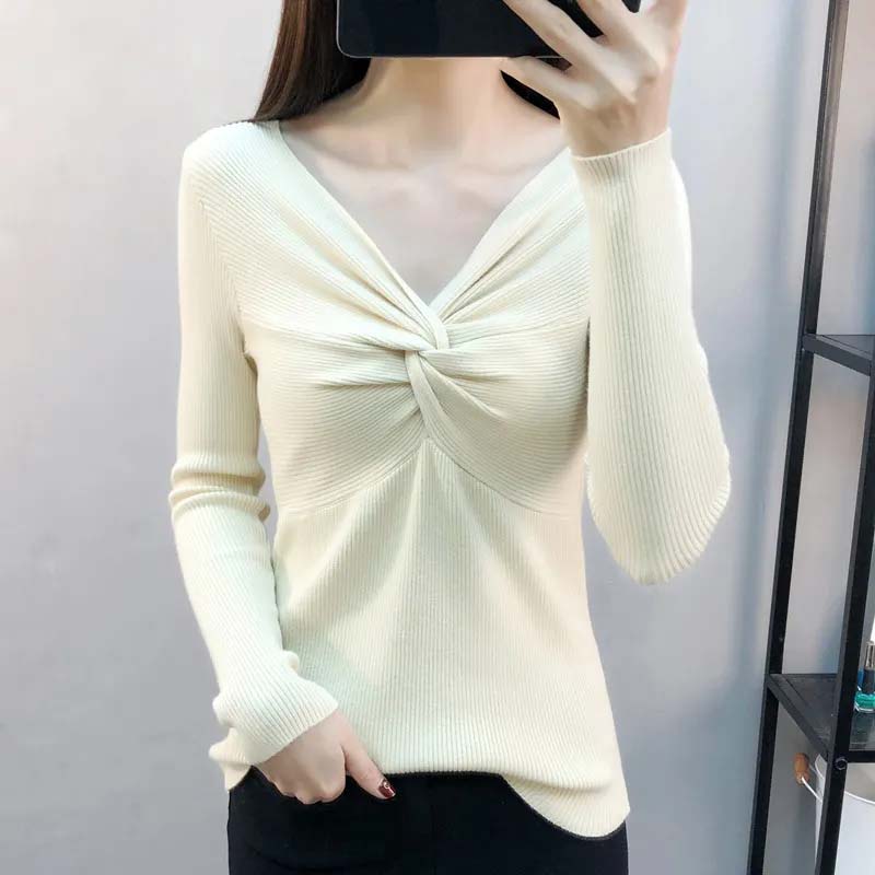 Pullover mit V-Ausschnitt für Damen, schmale Passform, kurzes Oberteil, Pull-Pullover, Strickpullover, solide Langarm-Damen, Frühling und Herbst