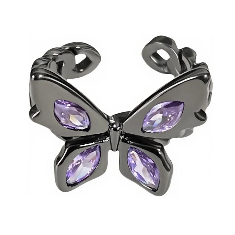 [Butterfly Purple Que] Dark Butterfly Purple Diamond Punk Personality Open Ring Spice Girls Stack Niche Design Rings