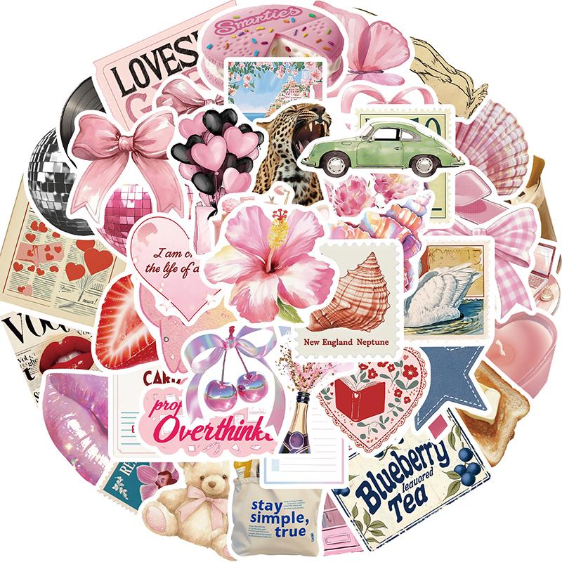 50PCS Pink Vintage Stickers for Girls Kawaii Pink Aesthetic Sticker for Scrapbook Journal Laptop, Waterproof Vinyl Decals