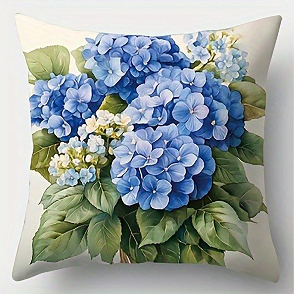 Blue Hydrangea Floral PillowcaseBedroom Sofa Decorative Cushion Cover With Zipper Soft Cushion Cover